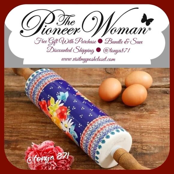 🦋 RARE 🦋 EUC Pioneer Woman Fiona Ceramic Rolling Pin, Blue - Picture 3 of 8